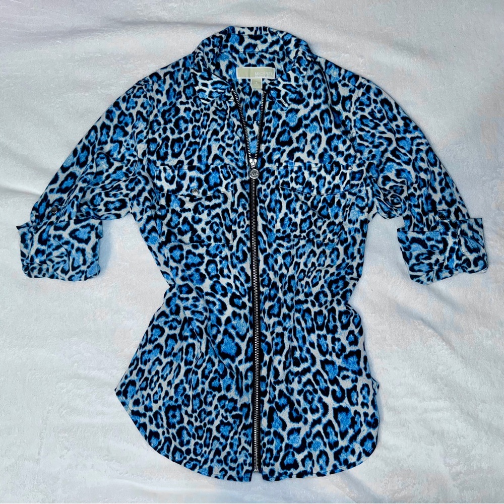 Michael Kors zip-up roll tab long sleeve blue leopard blouse Size S